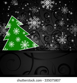 Vector illustration: Black paper-craft horizontal  postcard with green christmas tree  and snowflakes