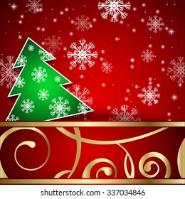 Vector illustration: Black paper-craft horizontal postcard with green christmas tree, gold decoration and snowflakes