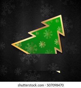 Vector illustration: Black paper-craft horizontal postcard with green christmas tree and snowflakes