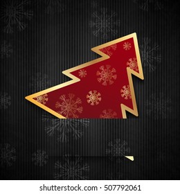 Vector illustration: Black paper-craft horizontal postcard with red christmas tree and snowflakes