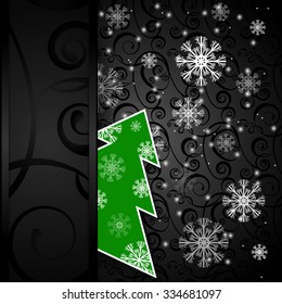 Vector illustration: Black paper-craft vertical postcard with green christmas tree, gold decoration and snowflakes