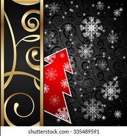 Vector illustration. Black paper-craft vertical  postcard with red christmas tree, gold decoration and snowflakes