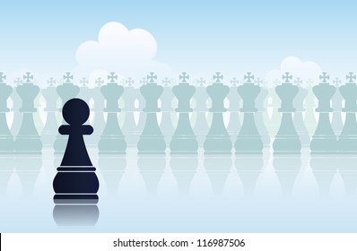 Vector illustration of a black pawn belittled with its surroundings.