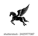Vector illustration of a black pegasus with spread wings on a white background