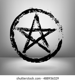 Vector illustration of black pentagram in circle painted by dry brush. Hand drawn symbol. Grey background. Soft shadow, Textured element. Black lines.