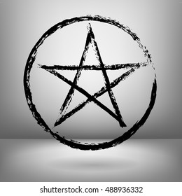 Vector illustration of black pentagram in circle painted by dry brush. Hand drawn symbol. Grey background. Soft shadow, Textured element. Black lines.