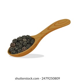 Vector illustration of black pepper on a wooden spoon, isolated on white background.