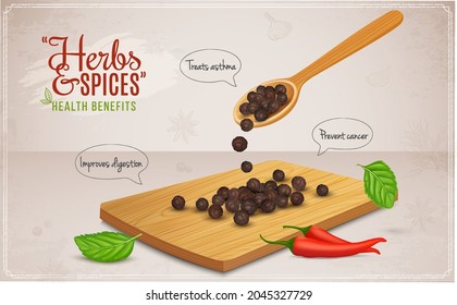 Vector illustration of black pepper, peppercorn seeds with wooden spoon and chopping board