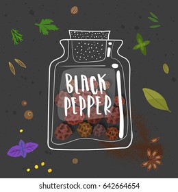 Vector illustration of black pepper. Realistic peppercorn in a stylized hand-drawn white bank with lettering on black background with other seasonings.