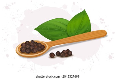 Vector illustration of black pepper seeds with green leaves 