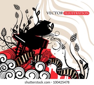 vector illustration of a black piano on an abstract background