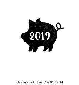 Vector illustration of Black Pig and 2019 text. Cute piggy silhouette,  Zodiac symbol of 2019 New year. Cute cartoon pig useful for invitations, scrapbook, Christmas card, poster, sticker, clip art. 