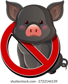 Ilustración vectorial de un cerdo negro detrás de un signo de prohibición rojo, estilo de dibujos animados, fondo blanco