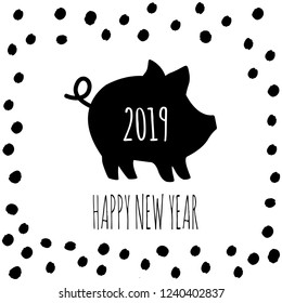 Vector illustration of black Pig and Happy New Year text with polka dot background. Cute piggy silhouette,  Zodiac symbol of 2019 New year. Cute cartoon pet useful for invitations, scrapbook, card.