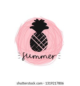 Vector illustration with black pineapple silhouette on the orange background and the word ''Summer''.  Flat style. Simple design.