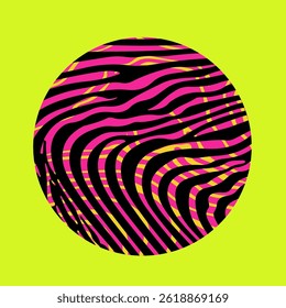 Vector illustration of a black and pink circle with wavy, psychedelic lines on a bright yellow background. The abstract pattern creates a vibrant, optical, and retro effect.