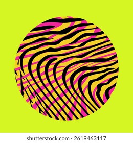 Ilustración vectorial de un círculo negro y rosa con líneas onduladas y psicodélicas sobre un fondo amarillo brillante. El patrón abstracto crea un efecto vibrante, óptico y retro.