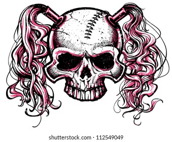 vector illustration of black and pink skull with pig tails and stitched forehead. Designed for use as a roller derby mascot.