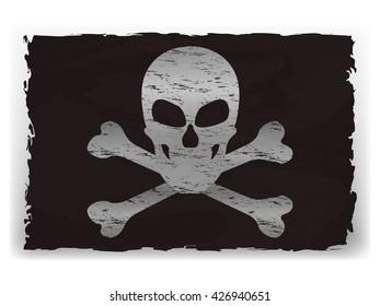 Vector illustration of a black pirate flag isolated on white background. White skull with two bones on black torn rag.