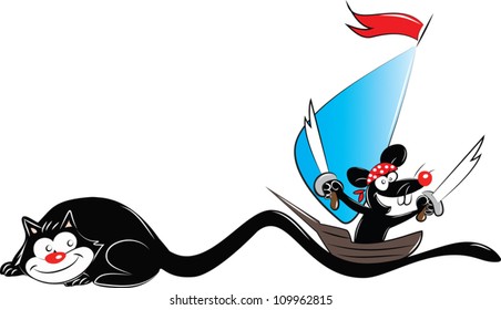 vector illustration of a black pirate mouse sailing on tail of black cat/pirate mouse