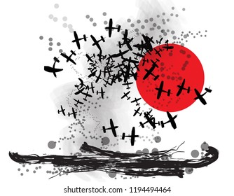 Vector illustration of black planes flying around a red sun