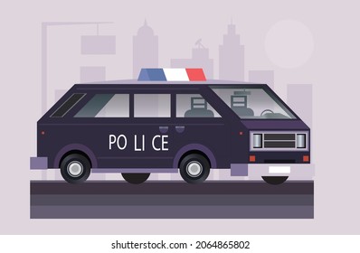 Ilustración vectorial de una furgoneta de la policía negra para una aplicación móvil. Bajo concepto de camioneta de cabina de tripulación poligonal.