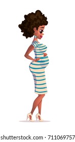 Vector illustration of black pregnant woman. Young african-american pregnant woman smiling and looking at the belly with hands on stomach. Vector flat design illustration isolated on white background.