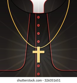 Vector illustration of black priest's costume with christian cross. Background with catholic pastor's robe 