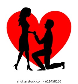 Vector illustration of a black profile. A girl and a man are holding hands. The man is on his knee