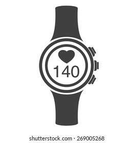 Vector Illustration Of Black Pulsometer Heart Rate Monitor Watch Icon On White Background.