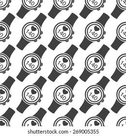 Vector illustration of black pulsometer heart rate monitor watch on white background. Seamless pattern.