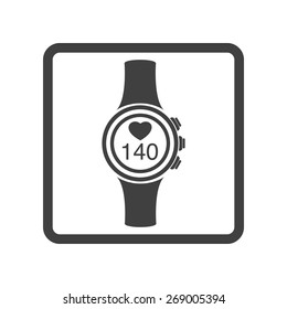 Vector illustration of black pulsometer heart rate monitor watch icon on white background. Button.