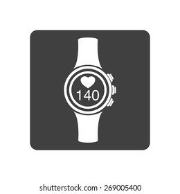 Vector illustration of black pulsometer heart rate monitor watch icon on white background. Button.