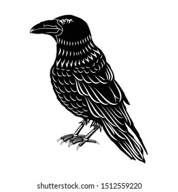 Vector illustration of a black Raven with folded wings. Profile crows. Silhouette of a crow. Sacred Celtic symbol. Sign of Vikings. Indian totem. Black tribal animals tattoo.