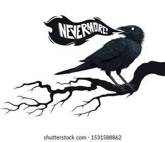 Vector illustration of black raven on branch