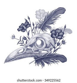 Vector illustration of black raven skull with flowers and feathers isolated on white background. Designed for printing on clothing, accessories, bags, scarves.