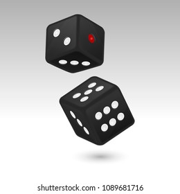 Vector illustration of black realistic game dice icon in flight closeup isolated on white background. Casino gambling design template for app, web, infographics, advertising, mock up etc
