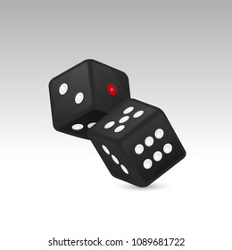 Vector illustration of black realistic game dice icon in flight closeup isolated on white background. Casino gambling design template for app, web, infographics, advertising, mock up etc