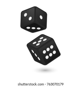 Vector illustration of black realistic game dice icon in flight closeup isolated on white background. Casino gambling design template for app, web, infographics, advertising, mock up etc
