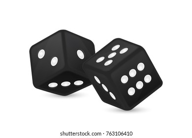 Vector illustration of black realistic game dice icon in flight closeup isolated on white background. Casino gambling design template for app, web, infographics, advertising, mock up etc