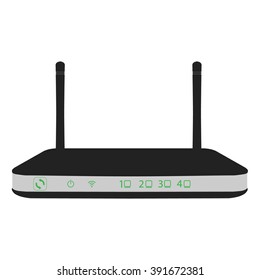 Vector illustration black realistic wireless router with the antenna front view. Wi-Fi router detailed 