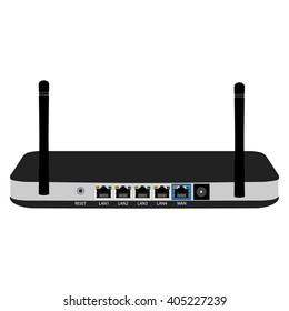 Vector illustration black realistic wireless router with the antenna back view. Wi-Fi router detailed 
