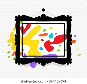 Vector illustration of black rectangular frame in modern style with colorful spots on white brick background. Art design for web, site, advertising, banner, poster, flyer, board, card, paper print.