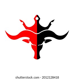 vector illustration of a black and red bull's head, crown on it, beautiful horns, great for icons, logos and tattoos as well as art.