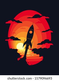 Vector illustration in black and red color. Used negative space. In the center of the image is a spaceship, a rocket against the backdrop of a sunset sun.