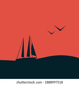 Vector illustration in black and red colors a yacht or boat sails on the sea.