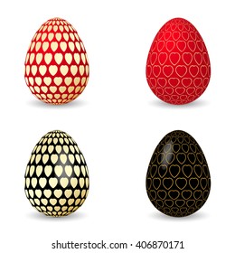 Vector illustration of black and red egg with golden hearts. 