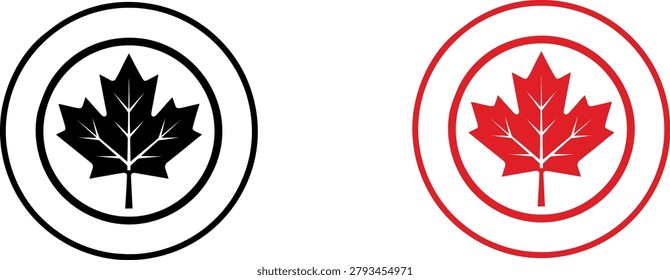 Vector illustration of black and red maple leaf icons enclosed in circular frames, representing Canadian symbols, isolated on a white background.