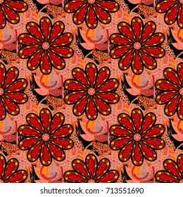 Vector illustration of black, red and orange flowers. Seamless pattern with flowers on motley background.
