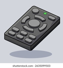 Vector illustration of a black remote control with multiple buttons and a green light indicator, shown in isometric view, ideal for tech or electronics themes.